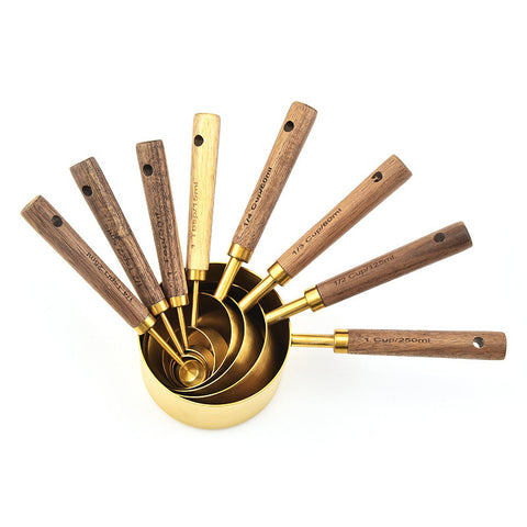 Gold Stainless Steel Measuring Cups & Spoons with Wooden Handle