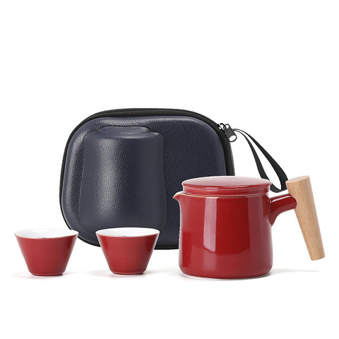 Ceramic Travel Tea Set with Infuser and Wooden Handle Teapot