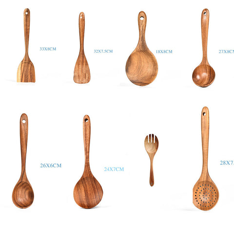 8-Piece Natural Wooden Cooking Utensil Set — Heat-Resistant Teak Wood Spoon