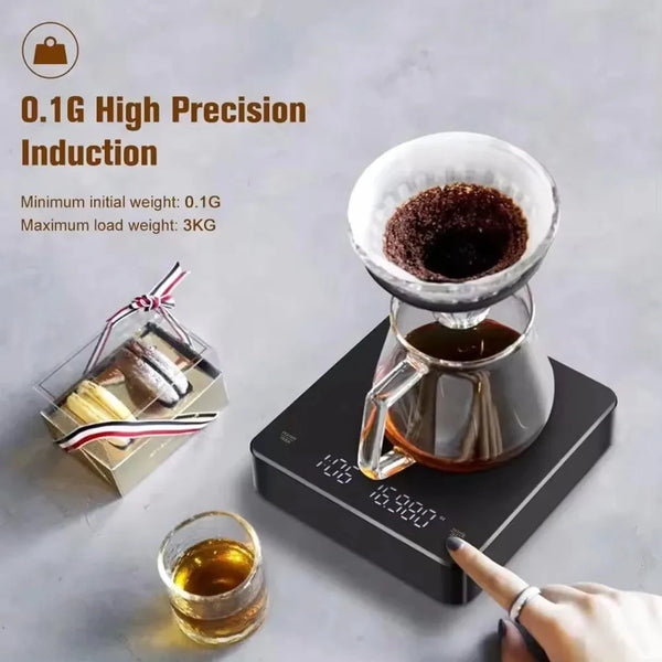 Rechargeable Coffee Scale - 0.1G Precision, 3Kg Capacity, Timer, LED Display, USB Charging for Espresso & Kitchen Use