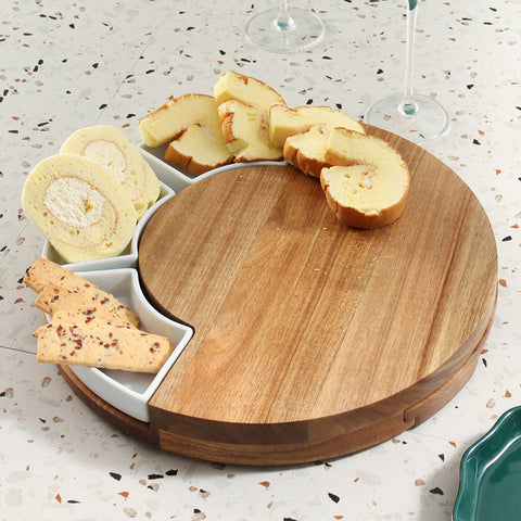 Premium Charcuterie Board with Ceramic Dishes and Hidden Knife Set