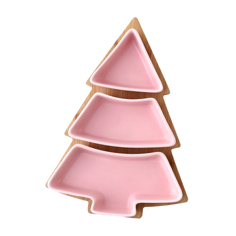 Creative Christmas Tree Ceramic Snack Plate with Bamboo Base