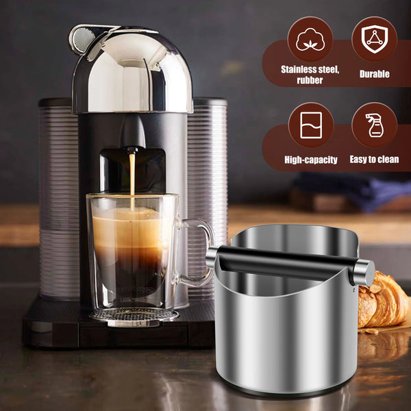 Coffee Knock Box Stainless Steel Espresso Knock Box Non Slip Coffee Ground Knock Box with Rubber Ring Beveled Coffee Ground Bin