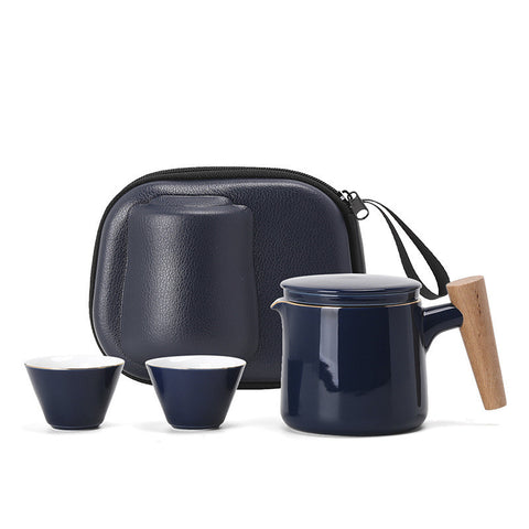 Ceramic Travel Tea Set with Infuser and Wooden Handle Teapot