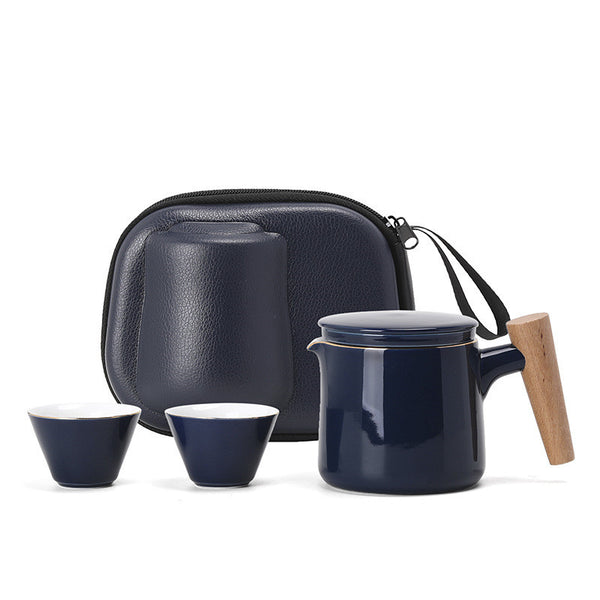 Wudy Kitchen — Ceramic Travel Tea Set with Infuser and Wooden Handle Teapot