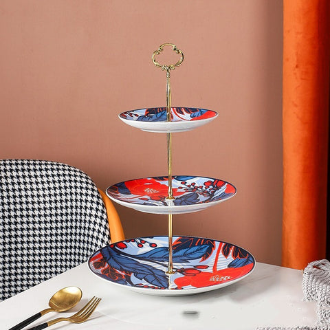 Three-Layer Art Porcelain Dessert Tray – Creative Colored Glaze Serving Stand