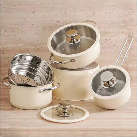 9-Piece Stainless Steel Ceramic Pot Set – Elegant Cooking Essentials