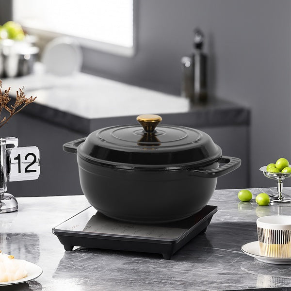 Wudy Kitchen — 6QT Cast Iron Dutch Oven With Lid - Black Enamel Cooking Pot For Stovetop, Oven, Camping - Includes 2 Silicone Heat-Resistant Gloves