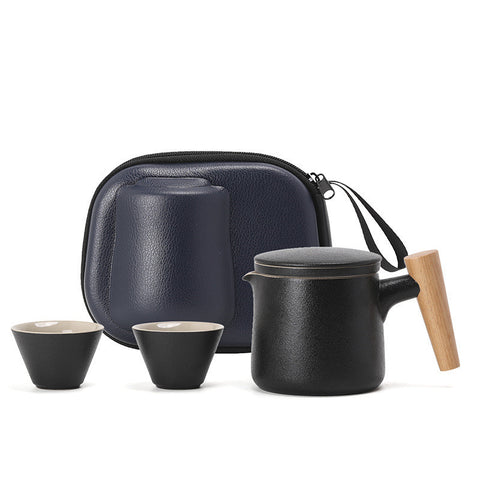 Ceramic Travel Tea Set with Infuser and Wooden Handle Teapot