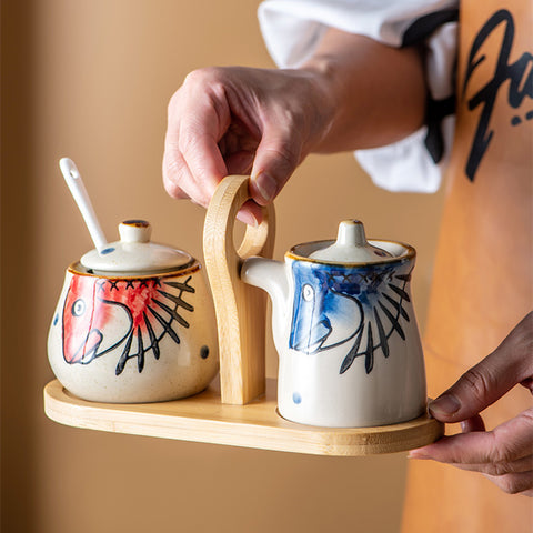 Ceramic Seasoning & Sauce Jar Set with Bamboo Base – Hand-Painted Design
