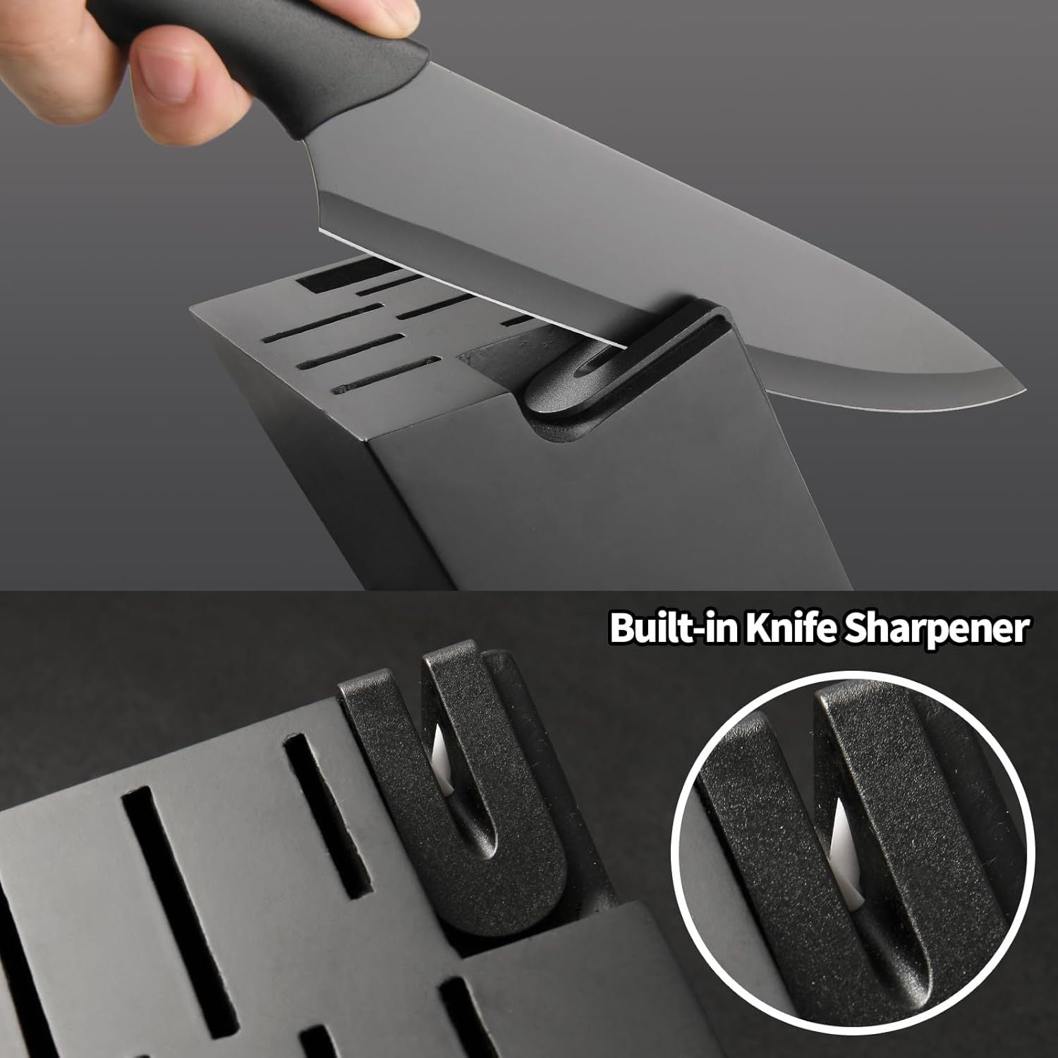 Ergonomic non-slip handle detail — precision grip on chef knife during prep