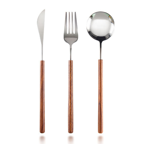 Stainless Steel Western Tableware Set with Retro Rosewood Handles – Knife, Fork & Spoon