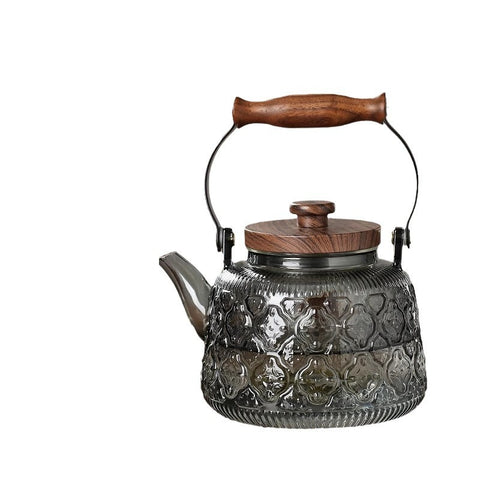 Heat-Resistant Glass Teapot – Wooden Handle in Transparent & Smoky Gray