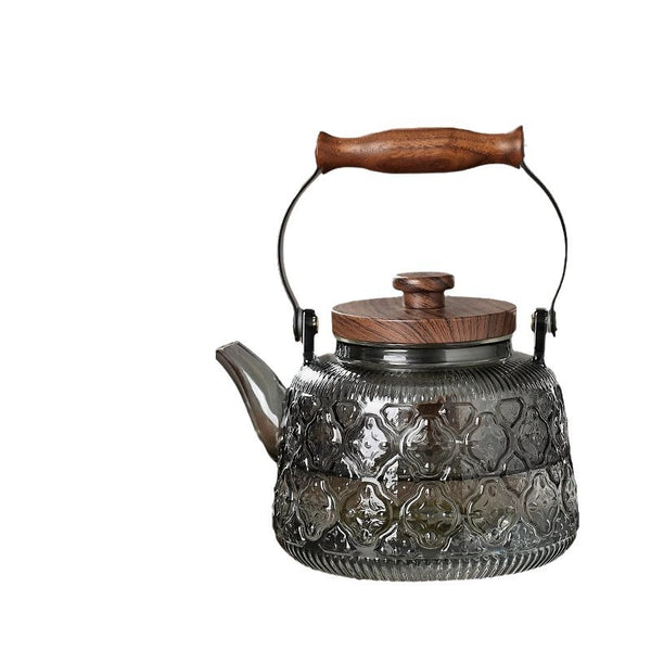 Wudy Kitchen — Heat-Resistant Glass Teapot – Wooden Handle in Transparent & Smoky Gray