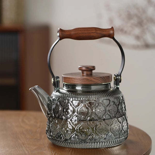 Wudy Kitchen — Heat-Resistant Glass Teapot – Wooden Handle in Transparent & Smoky Gray