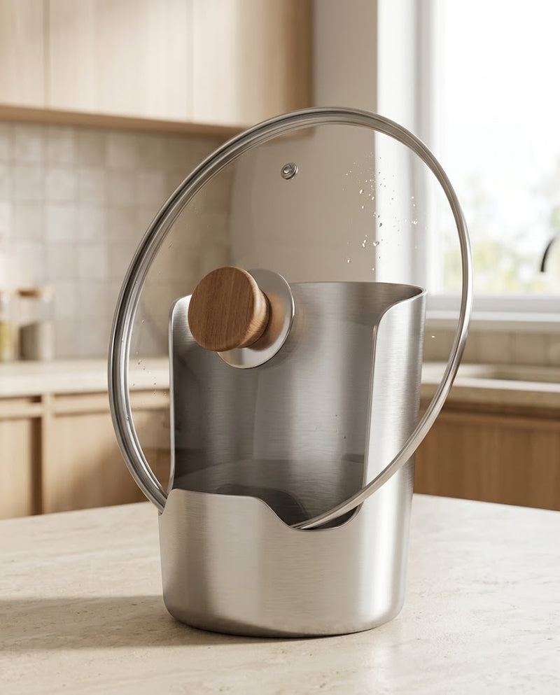 The lid leans on the back curve; the drips stay in the rest