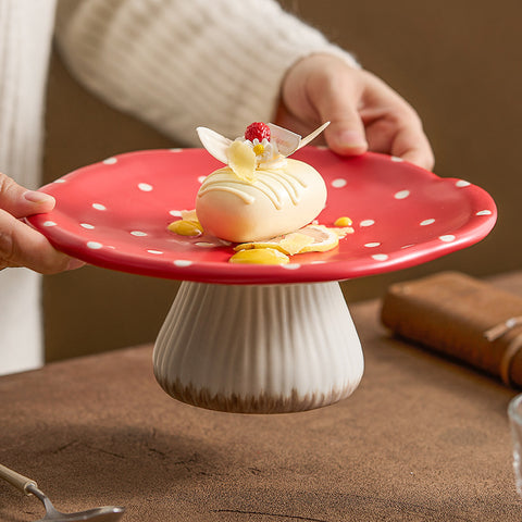 Red Polka Dot Mushroom Ceramic Dessert Plate – Pedestal Tea & Snack Tray