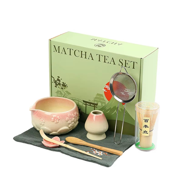 8Pcs Cherry Blossom White Matcha Bowl with Matcha Whisk Set, Japanese Tea Set Includes Matcha Bowl with Spout