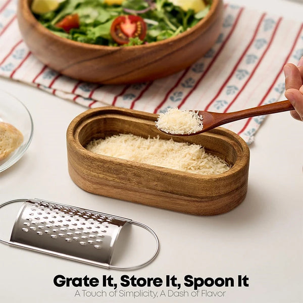 Cheese Grater with Wooden Container 304 Stainless Steel Cheese Grater Box Kitchen Parmesan Zester Cheese Grater Shredder JT