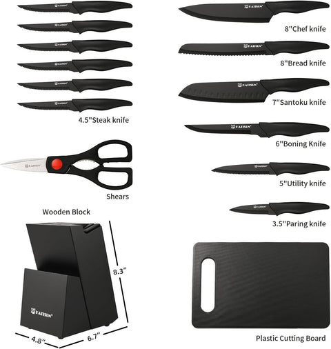 German Stainless Steel 16-Piece Knife Set with Sharpener & Board