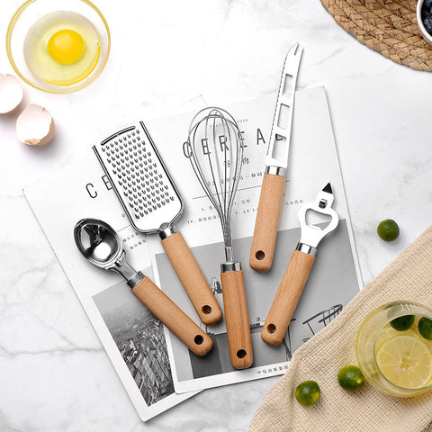 9-Piece Stainless Steel Kitchen Tool Set with Natural Wood Handles