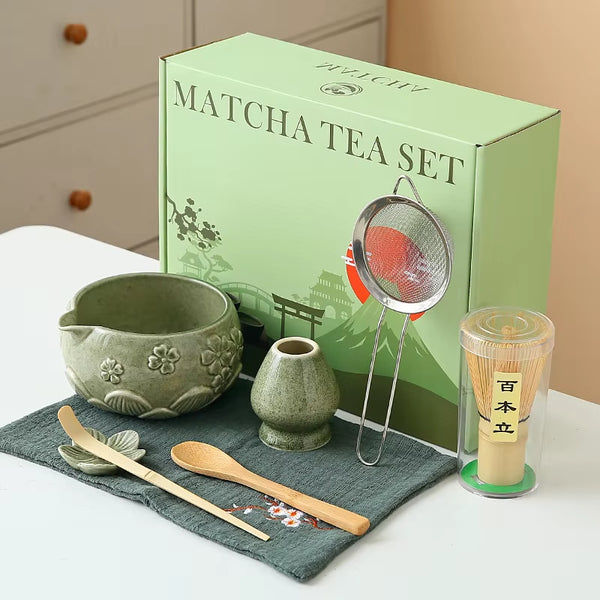 8Pcs Cherry Blossom White Matcha Bowl with Matcha Whisk Set, Japanese Tea Set Includes Matcha Bowl with Spout