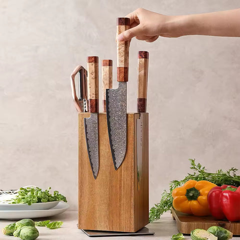 Acacia Wood Magnetic Rotating Knife Holder — 360° Stainless Steel Base
