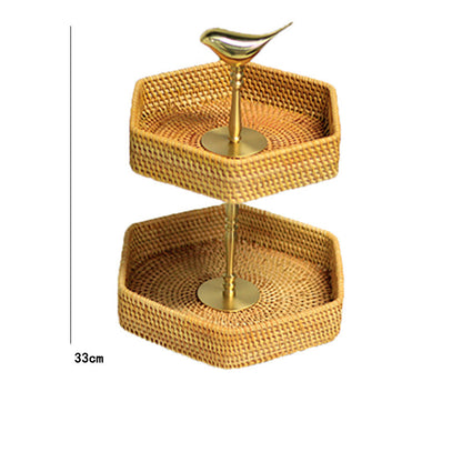 Wudy Brass Bird 2-Tier Stand | Handwoven Rattan Luxury