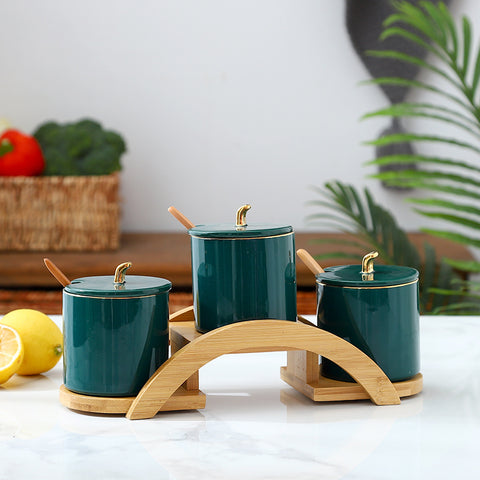 Ceramic Spice Jar Set with Bamboo Rack – Elegant Kitchen Storage Organizer