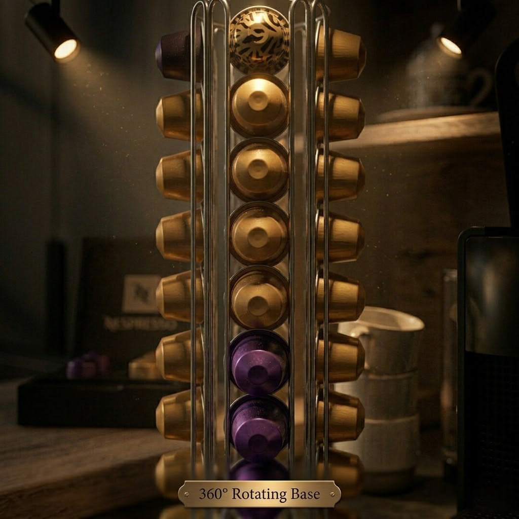 Silver 40Pcs Nespresso Capsule Holder Rotating Stand 360 Degree Rotatable Shelf Caffee Organiser for Storage for Coffee Capsules