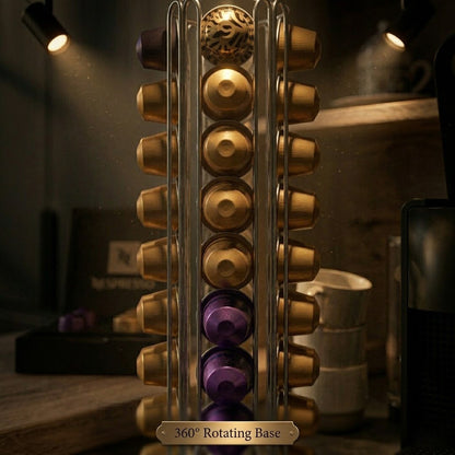 Silver 40Pcs Nespresso Capsule Holder Rotating Stand 360 Degree Rotatable Shelf Caffee Organiser for Storage for Coffee Capsules