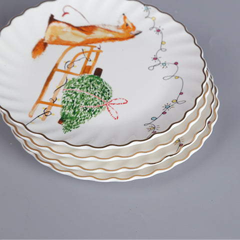 4-Piece Christmas Forest Ceramic Plate Set – Lace Edge Design