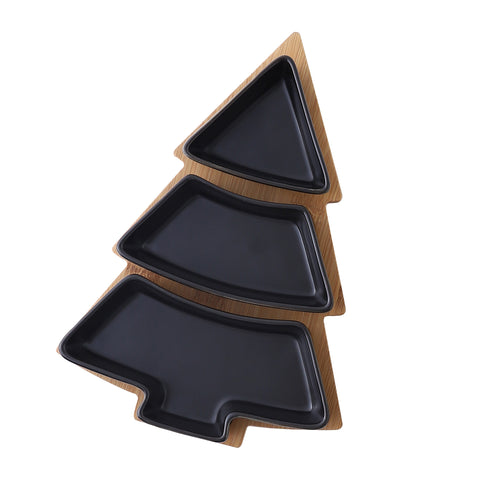 Creative Christmas Tree Ceramic Snack Plate with Bamboo Base