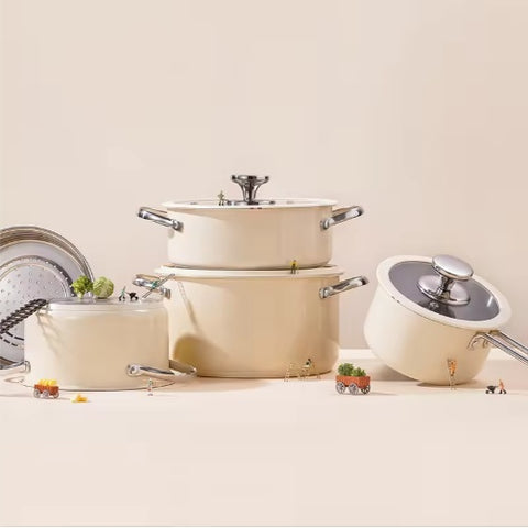 9-Piece Stainless Steel Ceramic Pot Set – Elegant Cooking Essentials