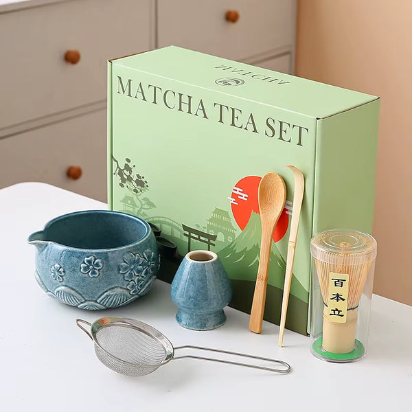 8Pcs Cherry Blossom White Matcha Bowl with Matcha Whisk Set, Japanese Tea Set Includes Matcha Bowl with Spout