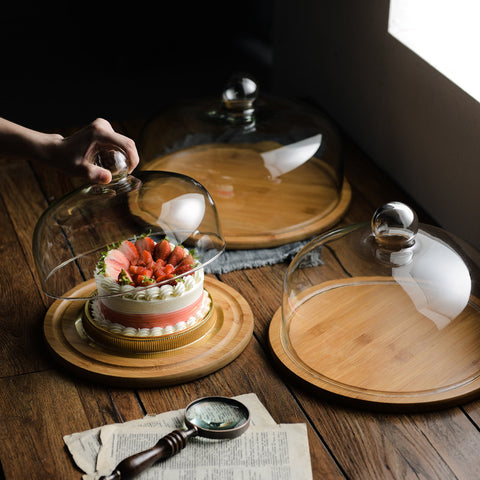Bamboo Cake Stand with Glass Dome – Premium Presentation Tray
