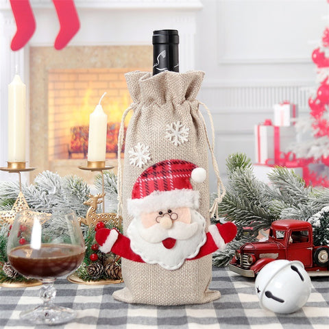 Rustic Christmas Wine Bottle Bag – Santa, Reindeer & Snowman Gift Wrap