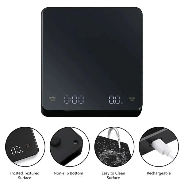 Rechargeable Coffee Scale - 0.1G Precision, 3Kg Capacity, Timer, LED Display, USB Charging for Espresso & Kitchen Use