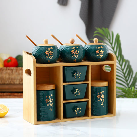 Ceramic Spice Jar Set with Bamboo Rack – Elegant Kitchen Storage Organizer