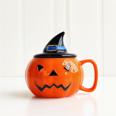 Pumpkin Ceramic Halloween Mug with Witch-Hat Lid
