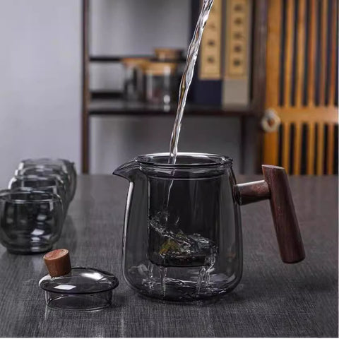 Smoky Borosilicate Glass Teapot – Wooden Handle Modern Minimalist