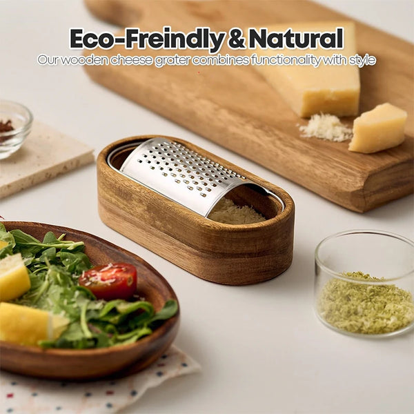Cheese Grater with Wooden Container 304 Stainless Steel Cheese Grater Box Kitchen Parmesan Zester Cheese Grater Shredder JT
