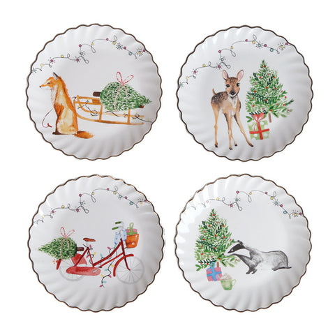 4-Piece Christmas Forest Ceramic Plate Set – Lace Edge Design