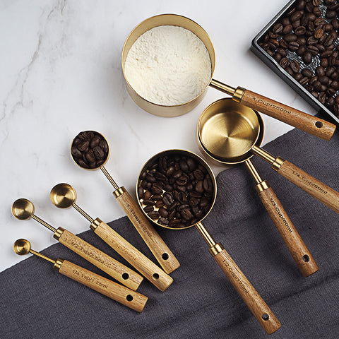 Gold Stainless Steel Measuring Cups & Spoons with Wooden Handle