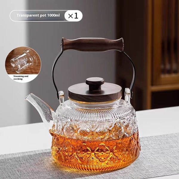Wudy Kitchen — Heat-Resistant Glass Teapot – Wooden Handle in Transparent & Smoky Gray