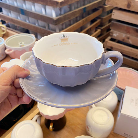 Porcelain Cup & Saucer Set – Scalloped Edge, Gold Rim