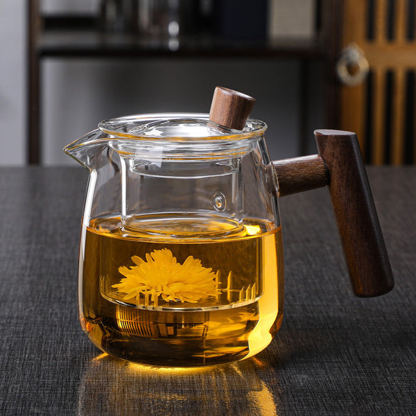 Wudy Kitchen Wudy Smoky Borosilicate Glass Teapot — smoky borosilicate glass, wooden handle — top-down view with context