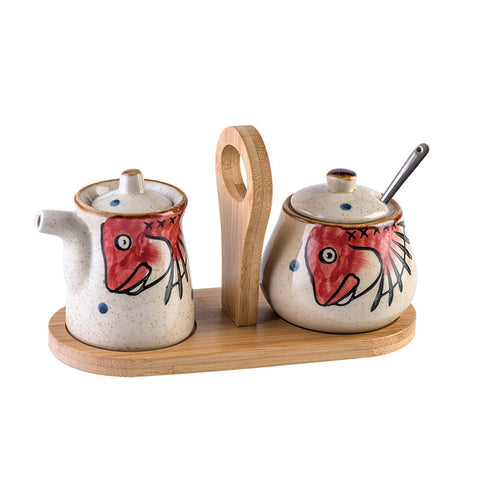 Ceramic Seasoning & Sauce Jar Set with Bamboo Base – Hand-Painted Design