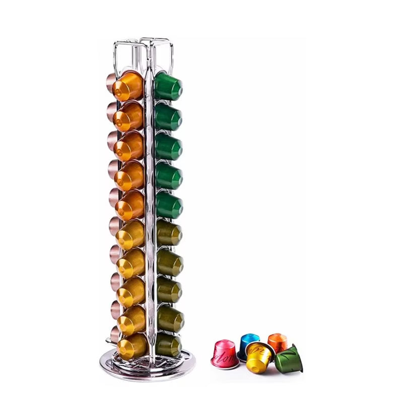 Silver 40Pcs Nespresso Capsule Holder Rotating Stand 360 Degree Rotatable Shelf Caffee Organiser for Storage for Coffee Capsules