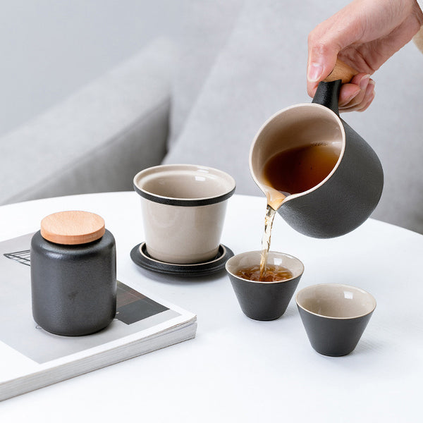 Wudy Kitchen — Ceramic Travel Tea Set with Infuser and Wooden Handle Teapot